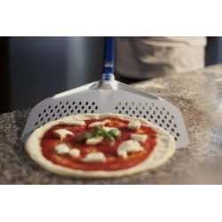 Lmsoed Pala para pizza con mango de aleación de aluminio perforado práctica herramienta de cocina alta resistencia a la temperatura evita quemaduras profesional 