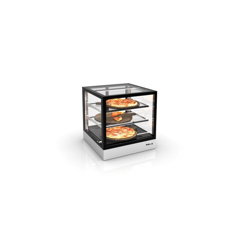 Vitrina sobremostrador IN60-60C blanca con calor seco, 2 estantes de cristal y puertas correderas traseras