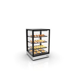 Vitrina sobremostrador IN60-90C blanca con calor seco, 3 estantes regulables y puertas correderas traseras