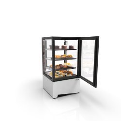 Vitrina IN60-115A blanca sobremostrador refrigerada con 3 estantes, puertas correderas, LED y control táctil