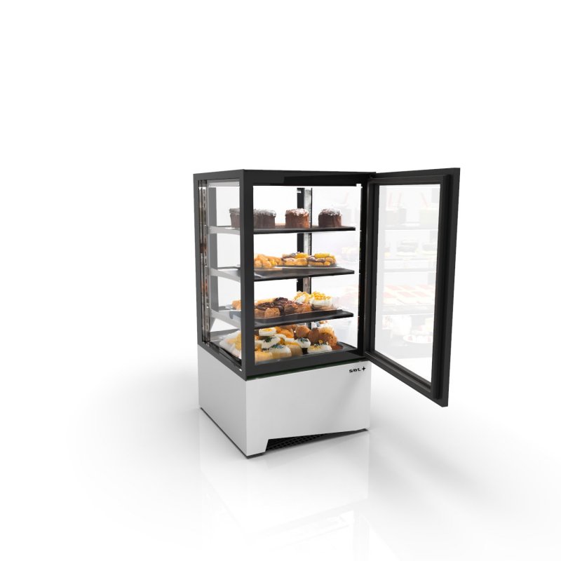 Vitrina IN60-115A blanca sobremostrador refrigerada con 3 estantes, puertas correderas, LED y control táctil Vitrina IN60-115A blanca sobremostrador refrigerada con 3 estantes, puertas correderas, LED y control táctil