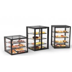 Vitrina sobremostrador IN60-90C -B- negra con calor seco, 3 estantes regulables y puertas correderas traseras