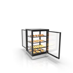Vitrina sobremostrador IN60-90CA blanca con calor seco, 3 estantes regulables y puertas correderas frontal y trasera