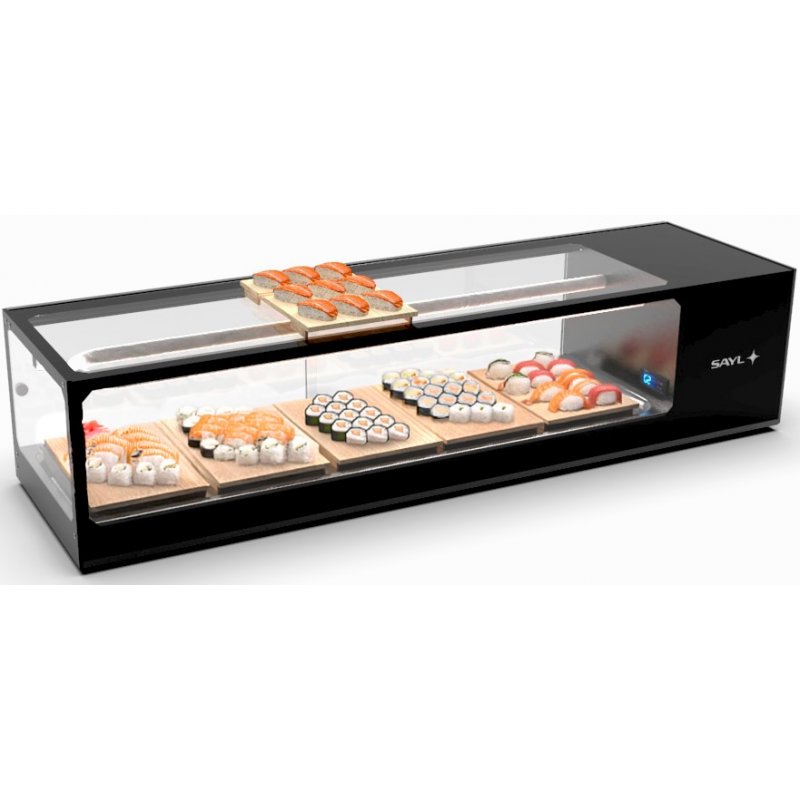 Vitrina refrigerada para sushi Logic Sushi VTLG6SP negra con puertas correderas y cristal de doble cámara Vitrina refrigerada para sushi Logic Sushi VTLG6SP negra con puertas correderas y cristal de doble cámara