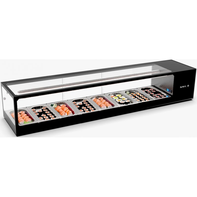 Vitrina refrigerada para sushi Logic Sushi VTLG8S negra con puertas correderas y cristal de doble cámara Vitrina refrigerada para sushi Logic Sushi VTLG8S negra con puertas correderas y cristal de doble cámara