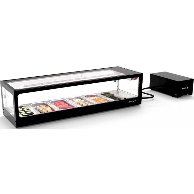 Vitrina refrigerada para sushi Logic Sushi VTLG6SGR negra con puertas correderas y grupo frigorífico remoto Vitrina refrigerada para sushi Logic Sushi VTLG6SGR negra con puertas correderas y grupo frigorífico remoto