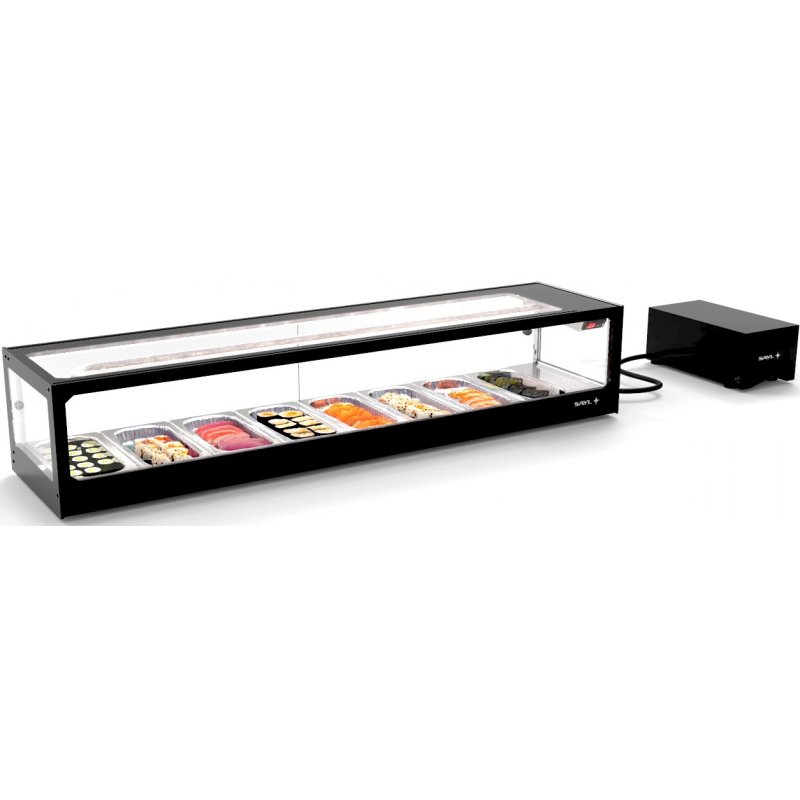 Vitrina refrigerada para sushi Logic Sushi VTLG8SGR negra con puertas correderas y grupo frigorífico remoto Vitrina refrigerada para sushi Logic Sushi VTLG8SGR negra con puertas correderas y grupo frigorífico remoto