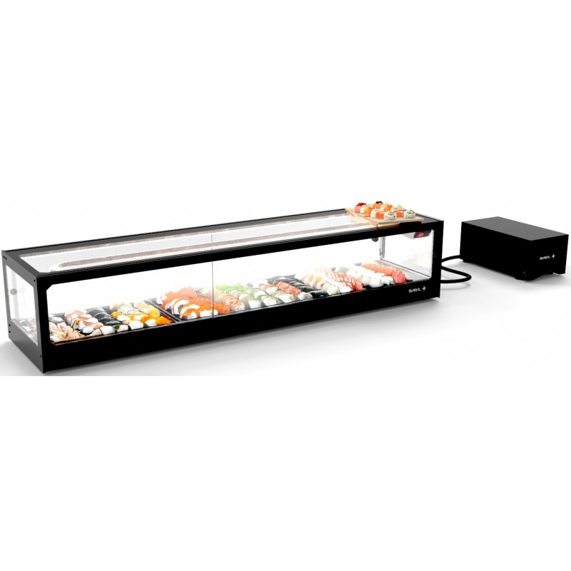 Vitrina refrigerada para sushi Logic Sushi VTLG8SGRP negra con grupo remoto y puertas correderas traseras Vitrina refrigerada para sushi Logic Sushi VTLG8SGRP negra con grupo remoto y puertas correderas traseras