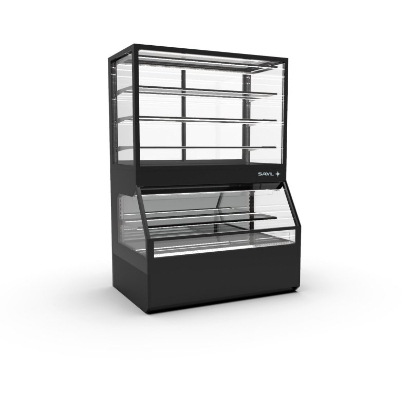 Vitrina Combi CON8F negra con frío ventilado, 4 estantes regulables y puertas ciega inferior + correderas superiores