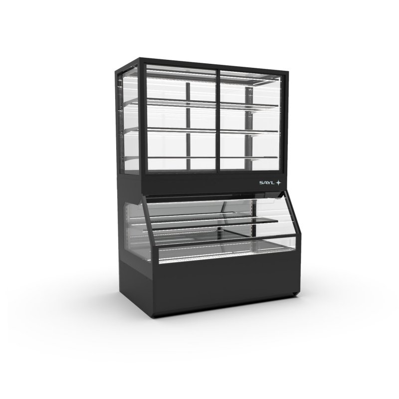 Vitrina Combi CON8AF negra con frío ventilado, 4 estantes regulables y puertas ciega inferior + correderas superiores