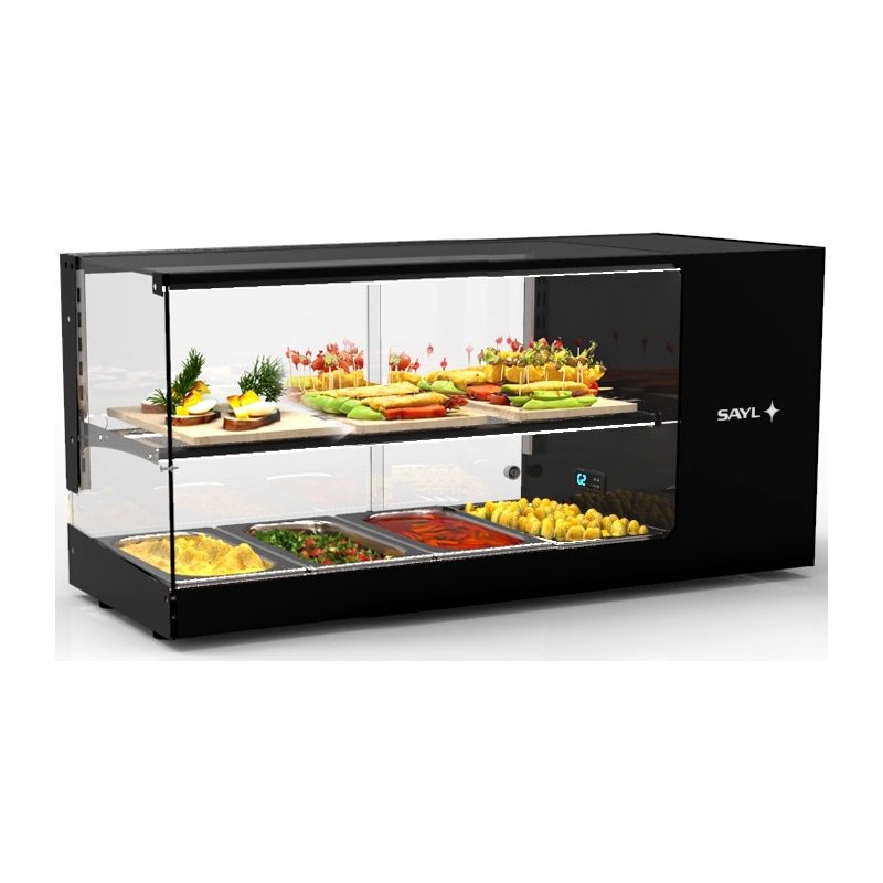 Vitrina sobremostrador refrigerada Sayl Logic Triple VTLG24-1 con estantes LED y base refrigerada para tapas y hostelería
