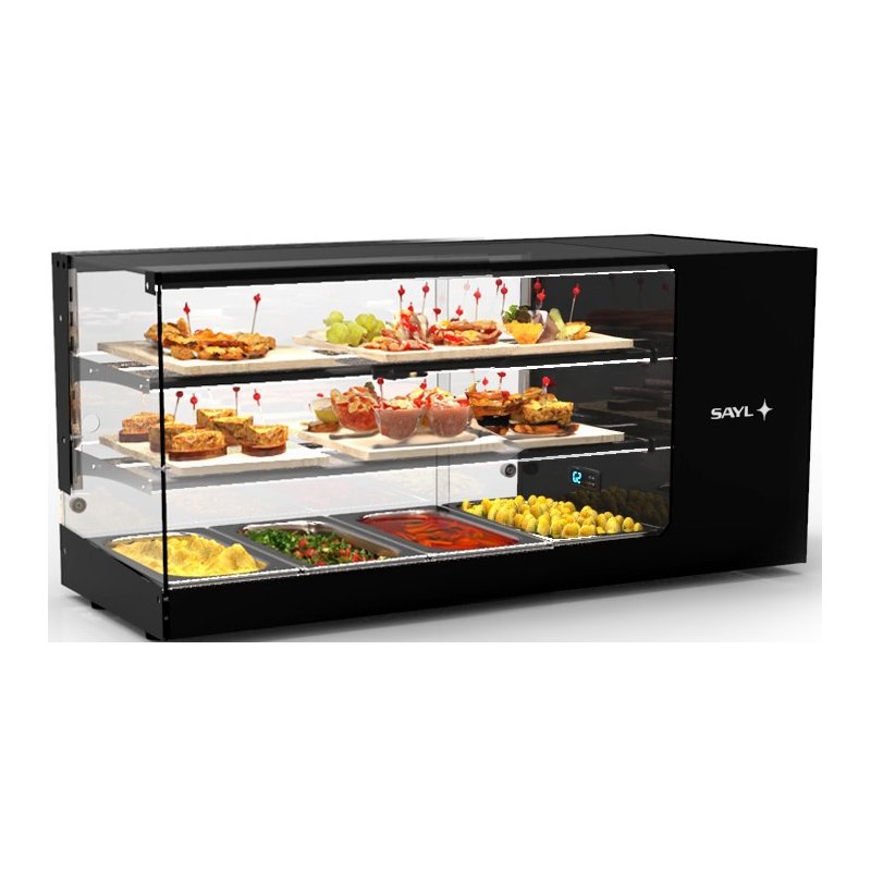 Vitrina Logic Triple VTLG24-2 negra de 3 niveles con base refrigerada, LED y puertas correderas