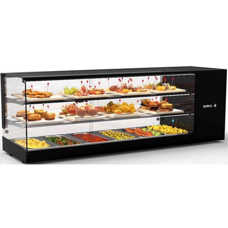 Vitrina refrigerada Logic Triple VTLG26-2 negra de 3 niveles con estantes regulables, LED y puertas correderas