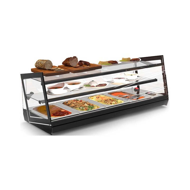 Vitrina caliente sobremostrador Kube CKU4L de baño maría con triple exposición y estructura de cristal templado Vitrina caliente sobremostrador Kube CKU4L de baño maría con triple exposición y estructura de cristal templado