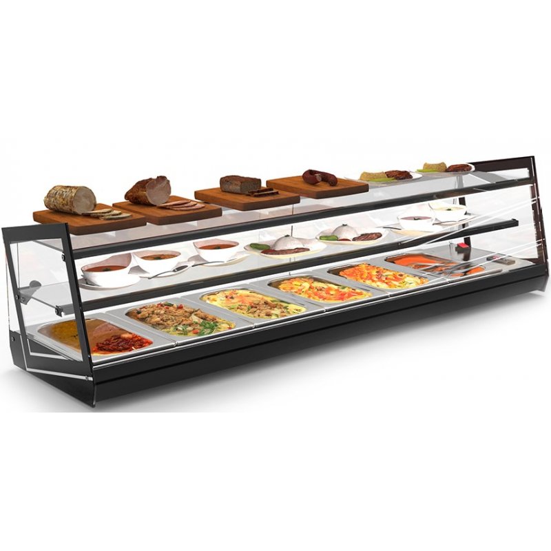Vitrina caliente de sobremostrador Kube CKU6L de triple exposición con baño maría y diseño de cristal templado Vitrina caliente de sobremostrador Kube CKU6L de triple exposición con baño maría y diseño de cristal templado
