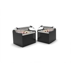 Vitrina refrigerada VX3-N negra para carnes y pescados, doble zona, cristal curvo templado y puertas correderas