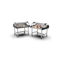 Vitrina refrigerada VX3-N negra para carnes y pescados, doble zona, cristal curvo templado y puertas correderas