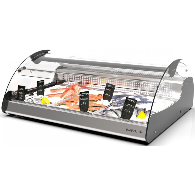 Vitrina refrigerada VX3-N negra para carnes y pescados, doble zona, cristal curvo templado y puertas correderas