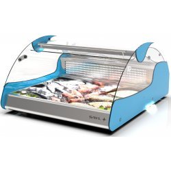 Vitrina refrigerada VX2-P azul para carnes y pescados, doble zona, cristal curvo templado y puertas correderas