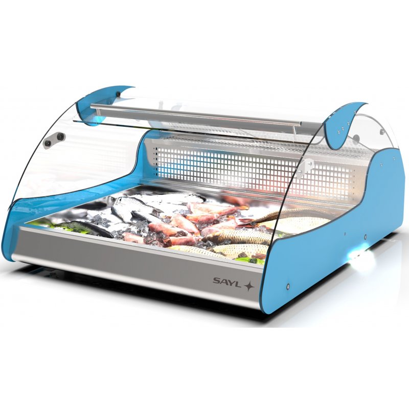 Vitrina refrigerada VX2-P azul para carnes y pescados, doble zona, cristal curvo templado y puertas correderas Vitrina refrigerada VX2-P azul para carnes y pescados, doble zona, cristal curvo templado y puertas correderas