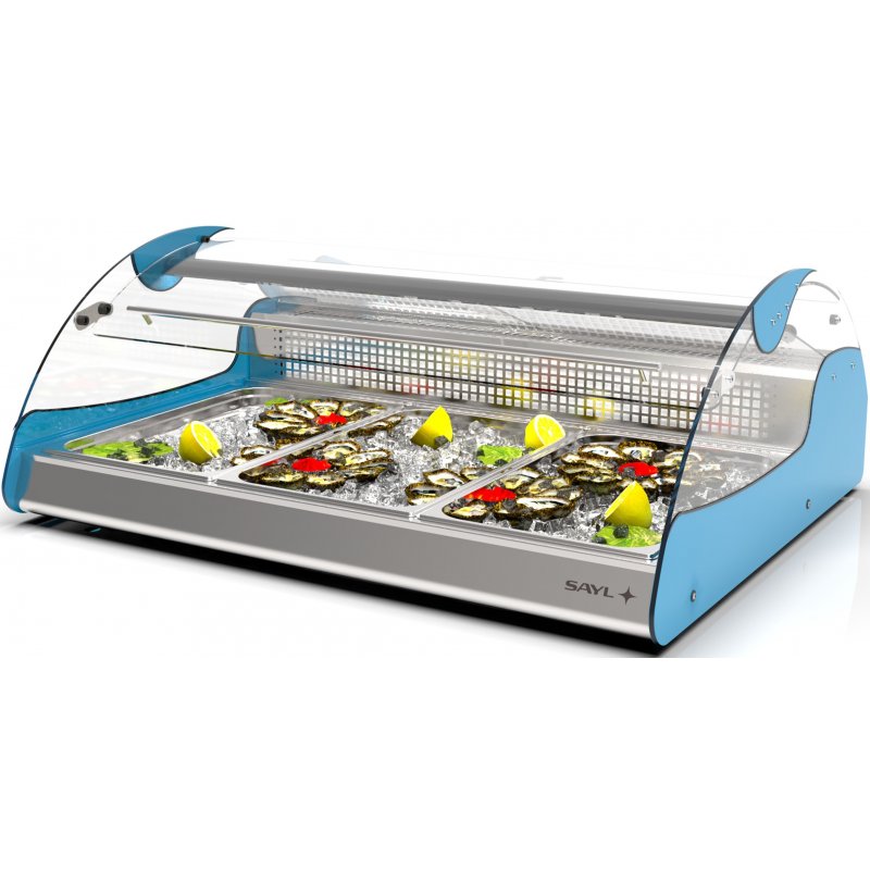 Vitrina refrigerada VX3-P azul para carnes y pescados, doble zona, cristal curvo templado y puertas correderas Vitrina refrigerada VX3-P azul para carnes y pescados, doble zona, cristal curvo templado y puertas correderas