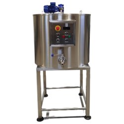 Mini pasteurizadora para leche y quesos de 200 litros con brazo inclinado, panel frontal y reductor de salida Scovali