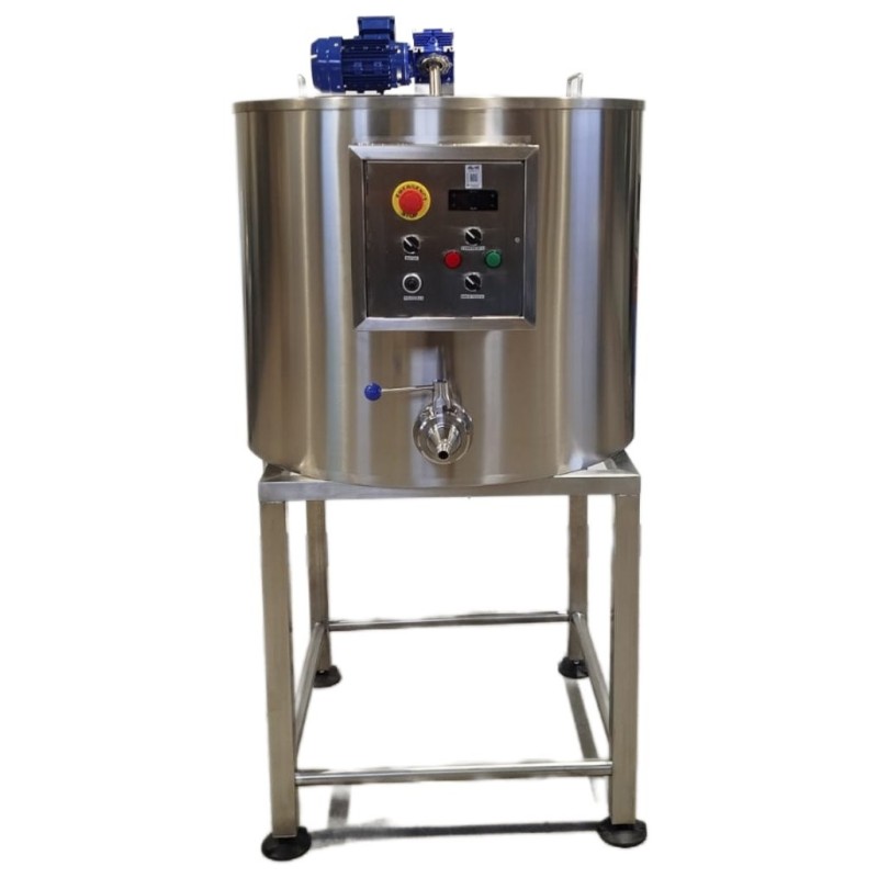 Mini pasteurizadora para leche y quesos de 200 litros con brazo inclinado, panel frontal y reductor de salida Scovali
