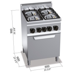 Cocina a gas industrial 4 fuegos con horno a gas GN 1/1 Berto's Plus 600