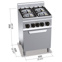 Cocina a gas industrial 4 fuegos con horno eléctrico de convección Berto's Plus 600