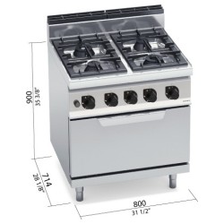 Cocina a gas industrial 4 fuegos con horno a gas GN 2/1 Berto's Macros 700