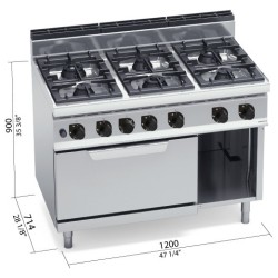Cocina a gas industrial 6 fuegos con horno a gas GN 2/1 Berto's Macros 700