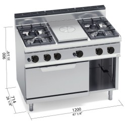 Cocina a gas 4 fuegos con placa radiante coup de feu y horno GN 2/1 Berto's Macros 700