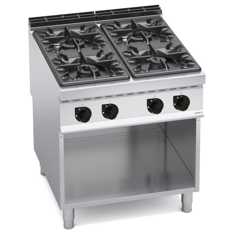Cocina a gas industrial 4 fuegos Max Power sobre mueble Berto's Maxima 900