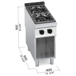 Cocina a gas industrial 2 fuegos Max Power sobre mueble Berto's Maxima 900