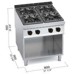 Cocina a gas industrial 4 fuegos sobre mueble Berto's Maxima 900