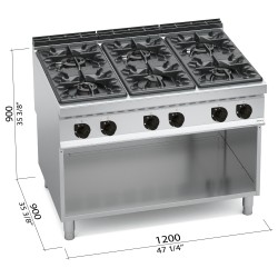 Cocina a gas industrial 6 fuegos sobre mueble Berto's Maxima 900
