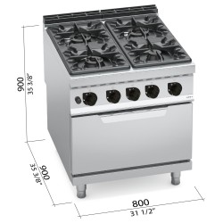 Cocina a gas industrial 4 fuegos con horno a gas GN 2/1 Berto's Maxima 900