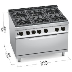 Cocina a gas industrial 6 fuegos con horno a gas Maxi Berto's Maxima 900