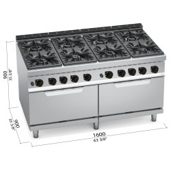 Cocina a gas industrial 8 fuegos con 2 hornos a gas GN 2/1 Berto's Maxima 900