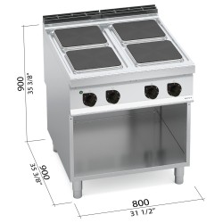 Cocina eléctrica industrial 4 placas cuadradas sobre mueble Berto's Maxima 900