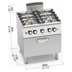Cocina a gas industrial 4 fuegos con horno a gas GN 2/1 y fondo de agua Berto's S700