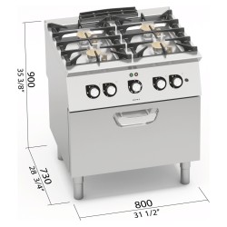 Cocina a gas industrial 4 fuegos con horno de convección GN 1/1 y fondo de agua Berto's S700