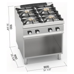 Cocina a gas industrial 4 fuegos sobre mueble y fondo de agua Berto's S900