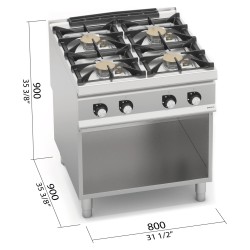 Cocina a gas industrial 4 fuegos Max Power sobre mueble Berto's S900