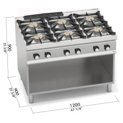 Cocina a gas industrial 6 fuegos Max Power sobre mueble Berto's S900