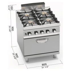 Cocina a gas industrial 4 fuegos con horno a gas GN 2/1 y fondo de agua Berto's S900