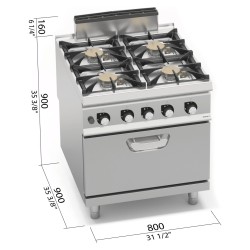 Cocina a gas industrial 4 fuegos Max Power con horno a gas GN 2/1 Berto's S900