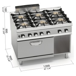 Cocina a gas industrial 6 fuegos Max Power con horno a gas GN 2/1 y fondo de agua Berto's S900