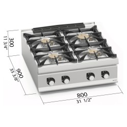 Cocina a gas industrial 4 fuegos de sobremesa Berto's LX900 Top