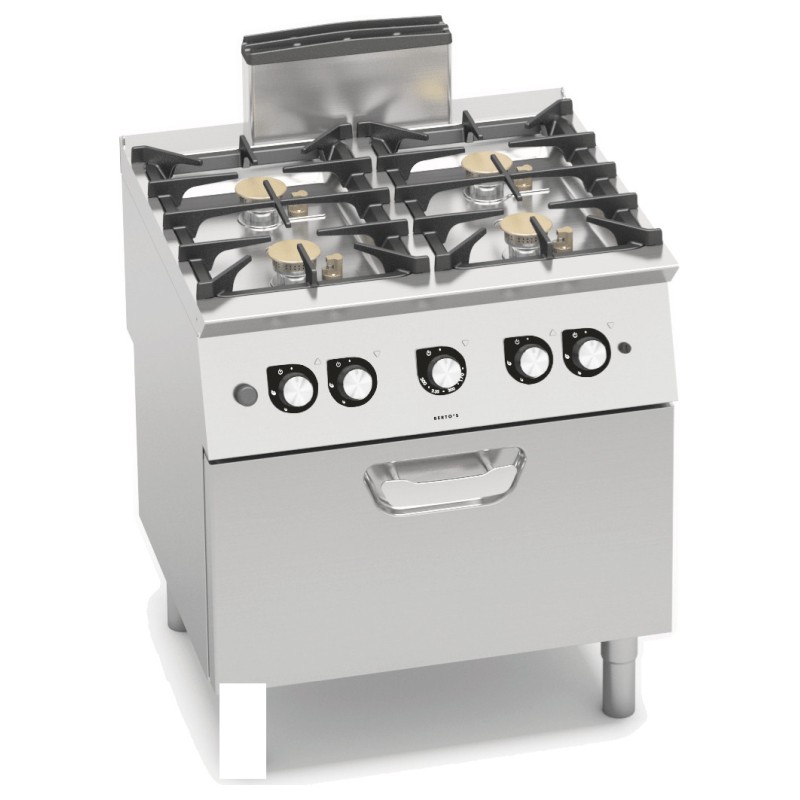 Cocina a gas industrial 4 fuegos con horno a gas GN 2/1 y fondo de agua Berto's S700